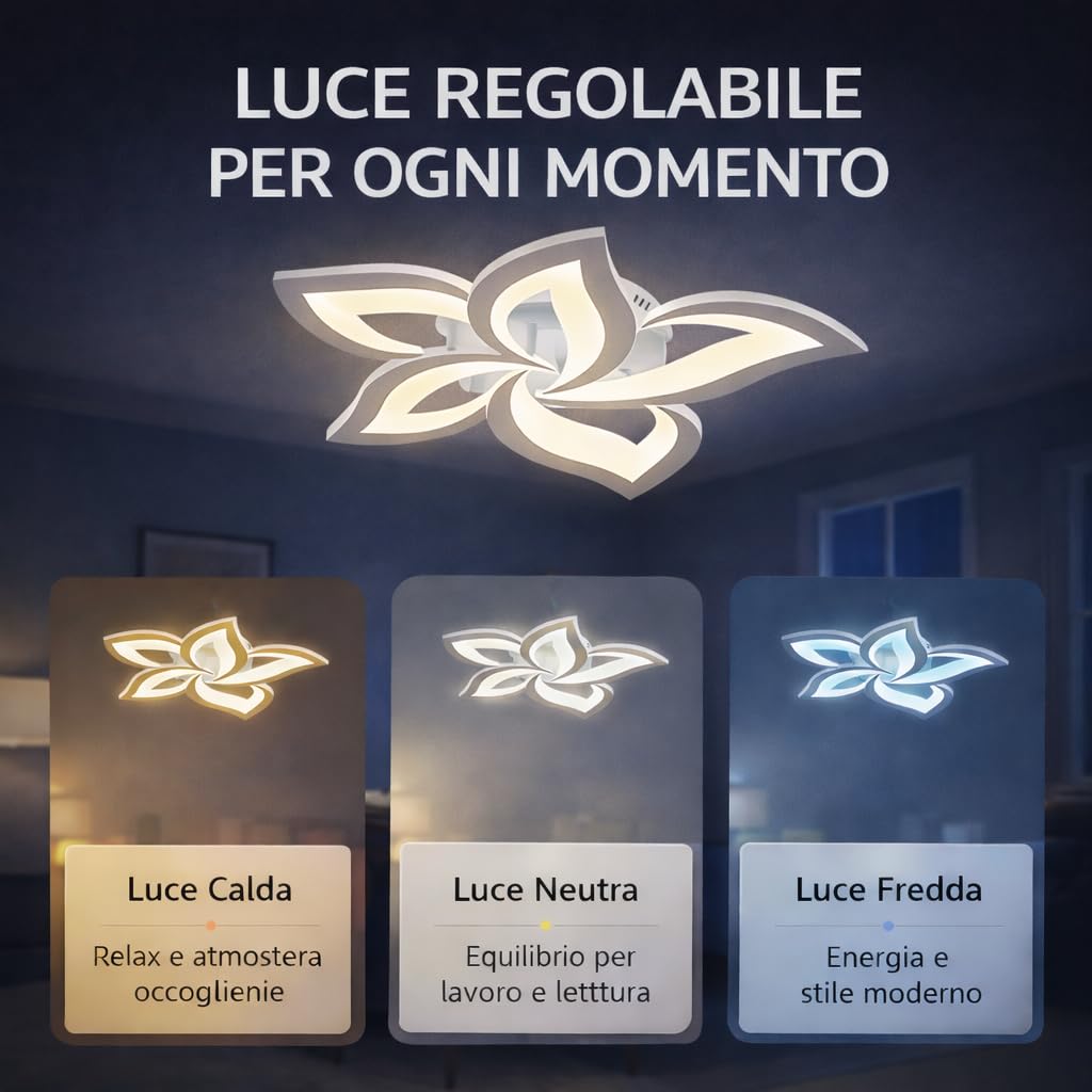 Arcadia Plafoniera Led Soffitto Moderna con Luce Calda e Fredda Dimmerabile, Telecomando e App per Cellulare - Lampadario Camera da Letto, Soggiorno, Cucina, Cameretta e Salotto - 4000LM 48W 60Cm