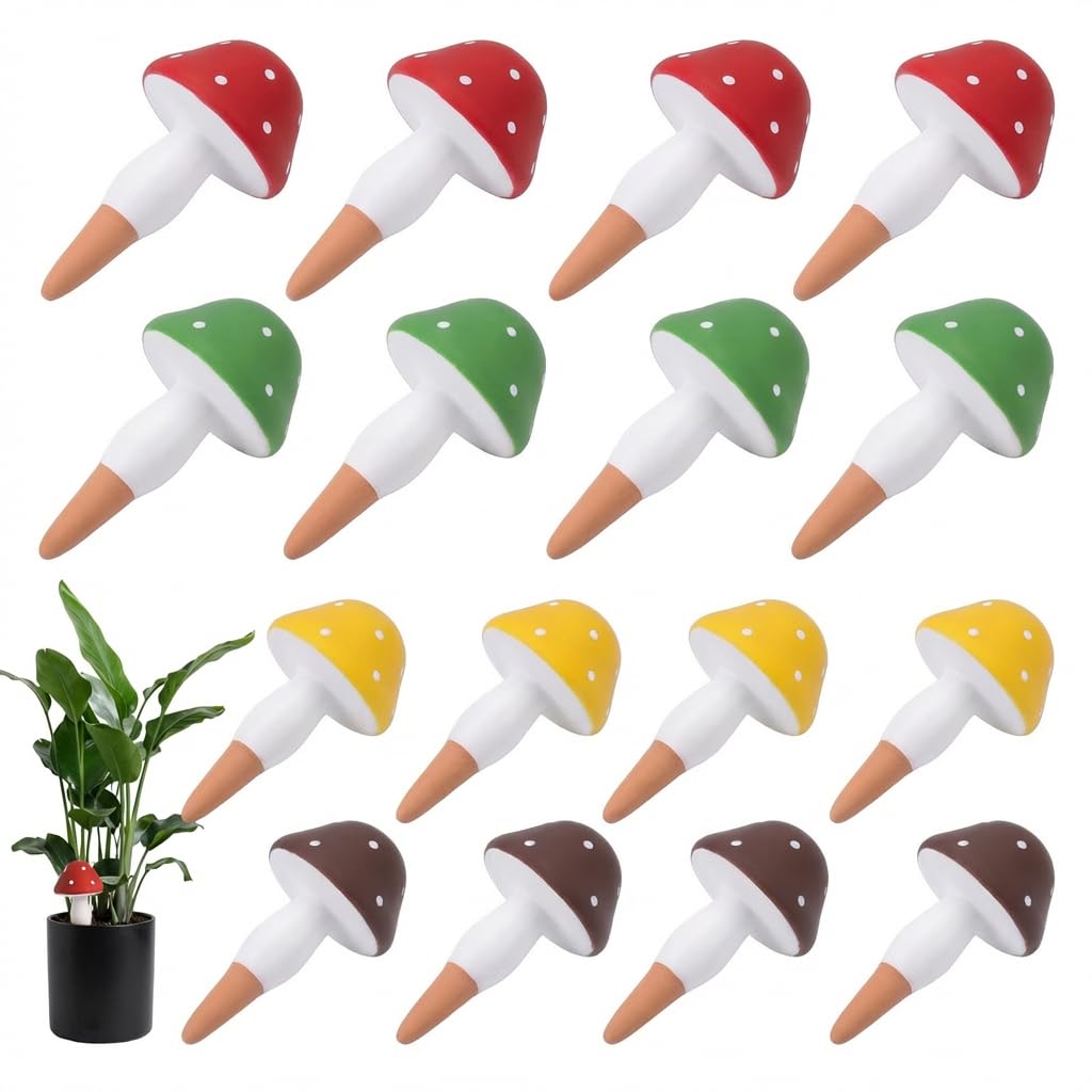 Confezione da 16 globi di irrigazione per piante, in terracotta, a forma di fungo, dispositivi di irrigazione per interni ed esterni, sistema di irrigazione a lento rilascio