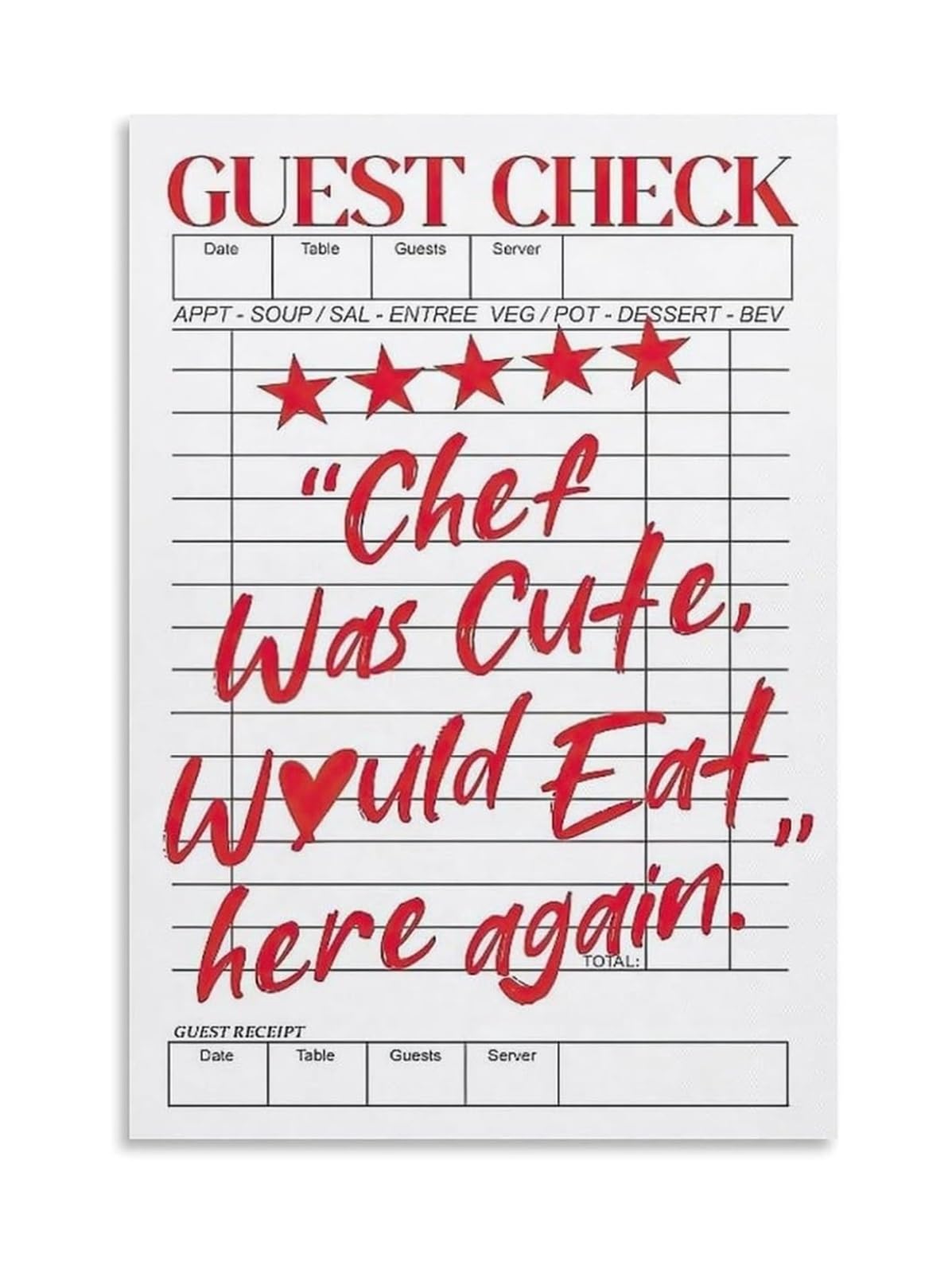RNUMLIGH Guest Check Canvas Wall-Art Funny Chef Was Cute Would Eat Here Again Poster Trendy Preppy Kitchen Bar Cart Decor(Unframed,16X24inch(40X60cm))