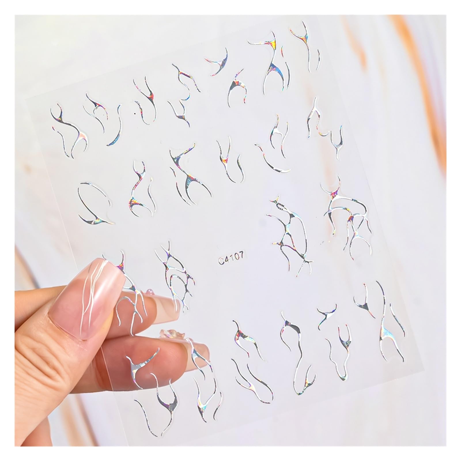 10 Pcs Silver Holographic Lines Nail Stickers Hot Stamping Golden French Star Decals Adhesive Irregular Manicure(NLS241-07-7)