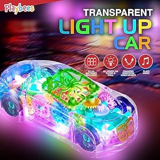 Playbees Light-Up Transparent Car Toy, Toys for Autistic Kids Ages 3-5 Sensory Toy for Kids with Autism Special Needs Toys, Bump and Go Toys for Toddlers Music and LED Effects Great Gift Idea