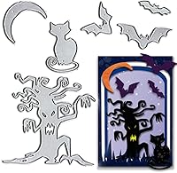 Vista 1 de Juego de troqueles de murciélagos de Halloween para hacer tarjetas, juegos de troqueles de corte de gatos luna, árboles muertos, plantillas de cara
