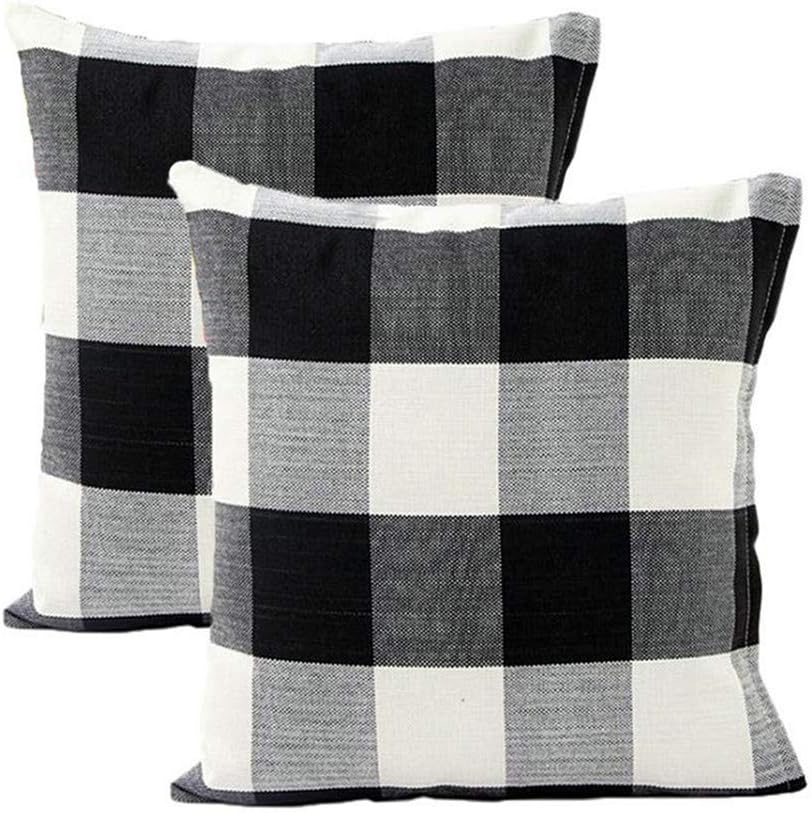 2 Pack Classic Black White Plaid Cotton Linen Square Throw Pillow Cover Cushion Cases for Home Sofa Bedroom 18x18 Inches (Black)