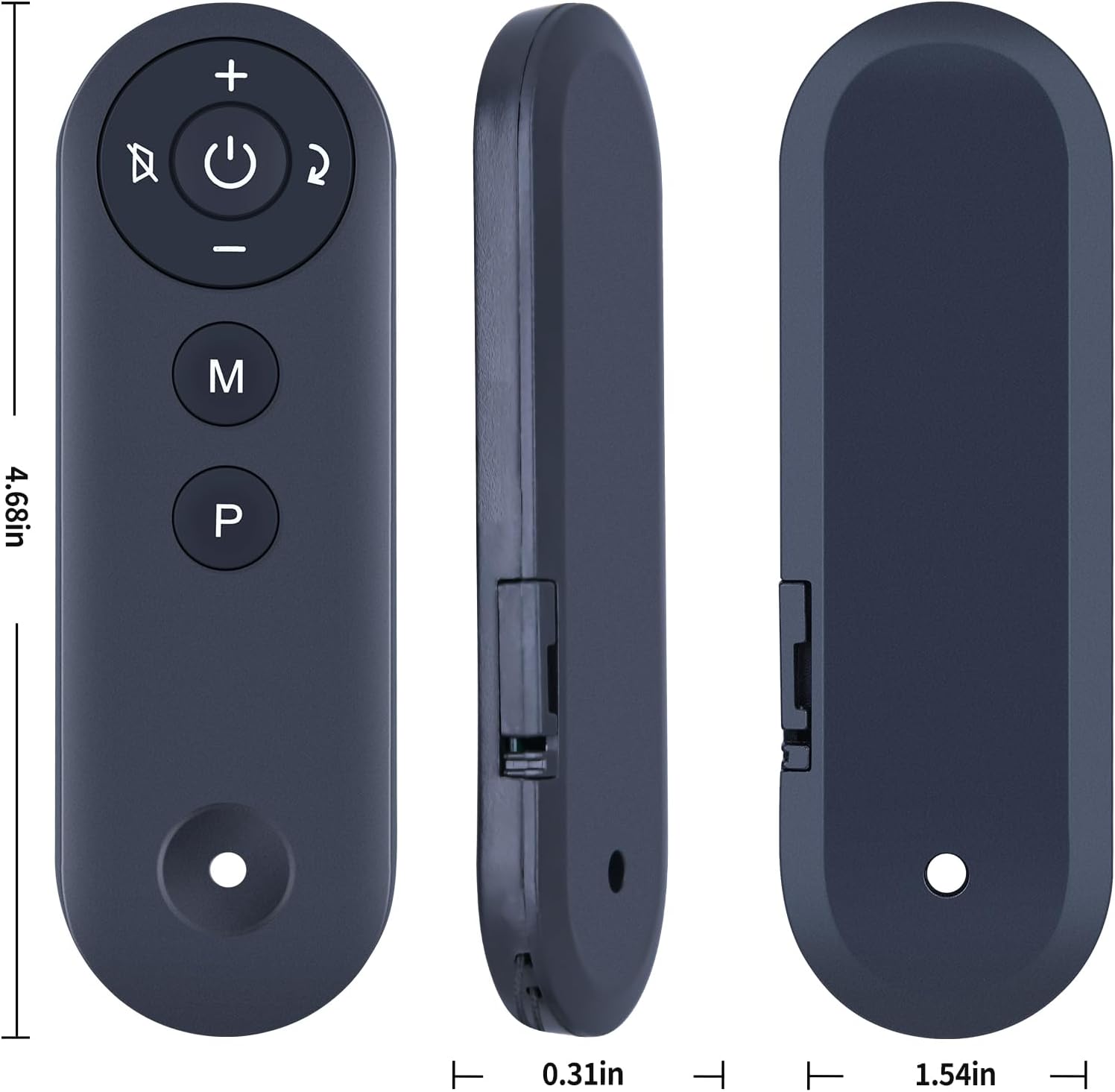 Image showing the dimensions of the WDZP GK-001 remote control. The remote is dark gray, elongated, and oval-shaped. Measurements are indicated as 4.68 inches in length, 0.31 inches in thickness, and 1.54 inches in width.