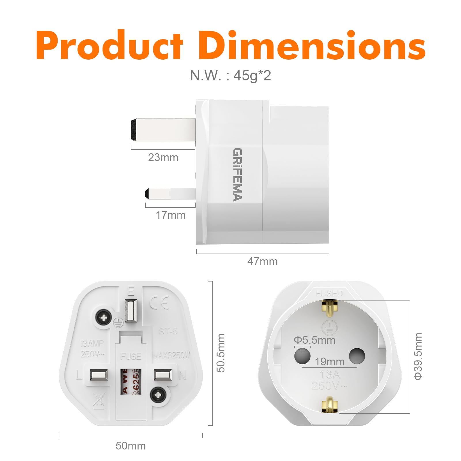 GRIFEMA Adapter z wtyczką angielską z bezpiecznikiem 13A, adapter podróżny z Francji na UK typ G dla Londynu, Anglii, Irlandii, Dubaju, 2-pinowy konwerter z Europy na 3-pinowy UK, zestaw 2 szt