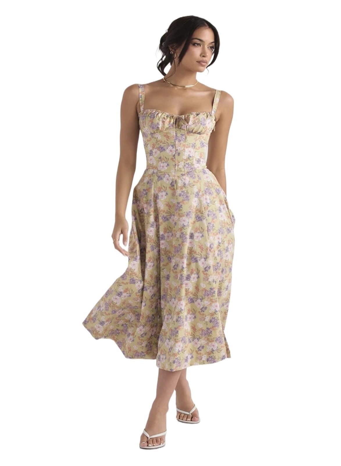 Vestido Floral con Cuello Halter Elegante Vestido Midi con Estampado Floral Vintage, Sexy, con Cordones en la Espalda, for Fiesta en la Granja, Vestido Largo de Verano for Mujer