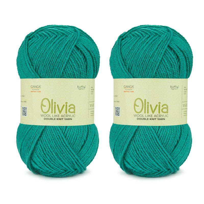 Image of Ganga Acrowools Acrylic Olivia, Double Knit Yarn. Hand Knitting and Crochet Yarn. Oekotex Class 1 Certified. Pack of 2 Balls - 100Gms Each. Shade No. - OLV042, Persian Green
