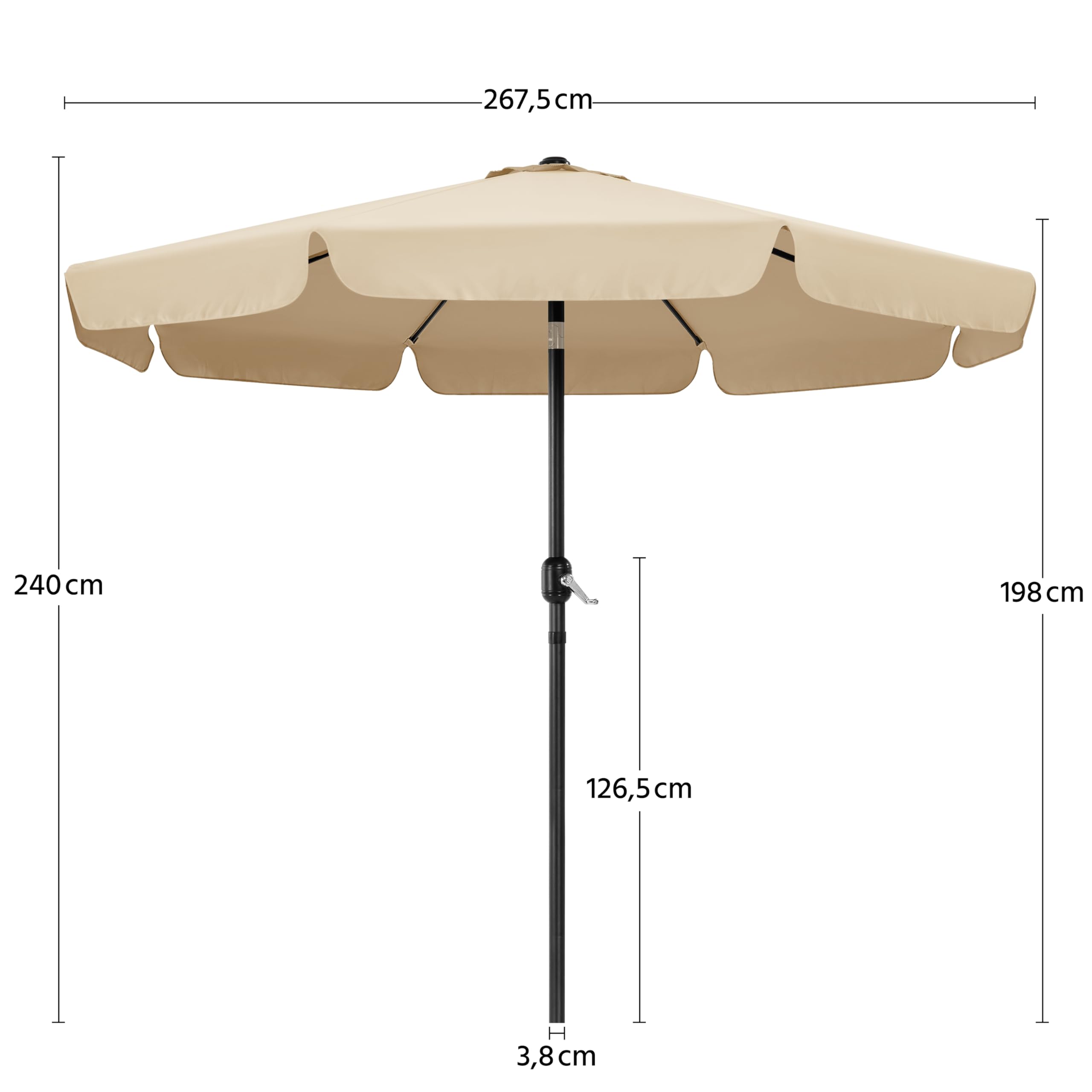 Ombrellone da Giardino Esterno 267,5 cm con Bordatura 8 Stecche Manovella Parasole Protezione UV per Spiaggia Balcone Terrazzo Mercato Reclinabile