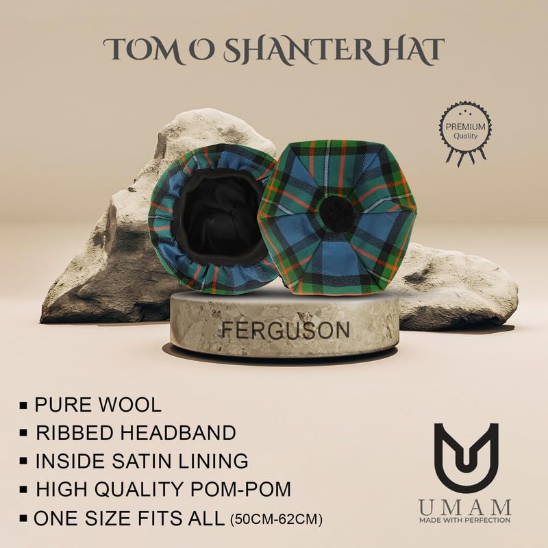 Image of Scottish Tam O' Shanter Hat Tartan Bonnet Pom Pom Wool Flat Cap One Size