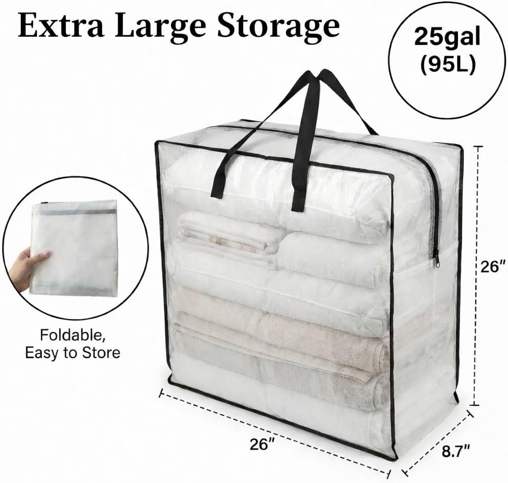 95L Clear Under Bed Storage Bag, Extra Large Blanket and Clothes Organizer with Handles, Foldable Bedding Storage for Comforters, Linens, Seasonal Items, 26 x 26 x 8.7 in, 1 Pack