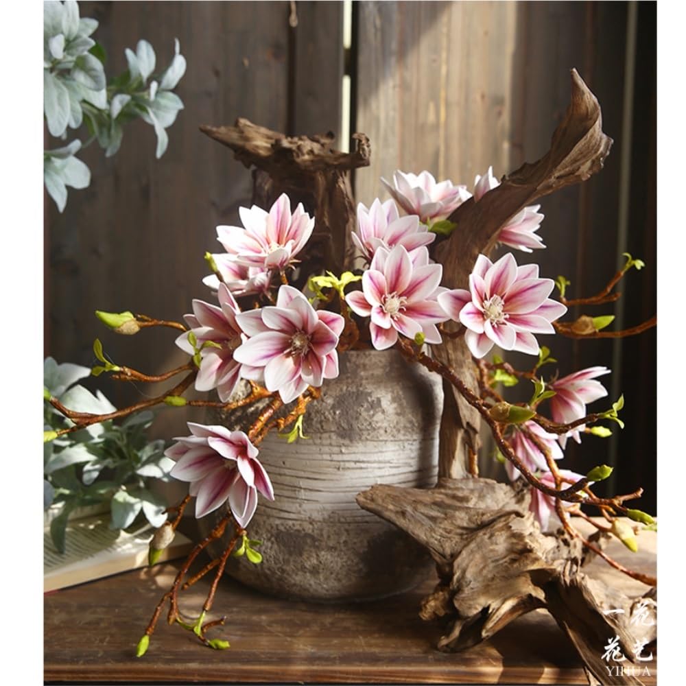 3 Stück künstliche Magnolienzweige mit echter Haptik, 3 Köpfe for Hochzeit, Tafelaufsätze, Zuhause, Blumendeko(Rose)