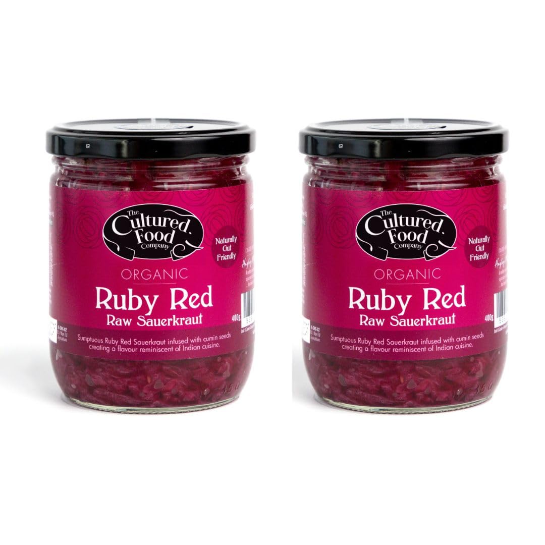 Organic Ruby Red Sauerkraut 400g Jar x 2-100% Natural Ingredients- Raw & Unpasteurised - Probiotic Rich - Traditionally Fermented Red Cabbage- Handmade - No Preservatives