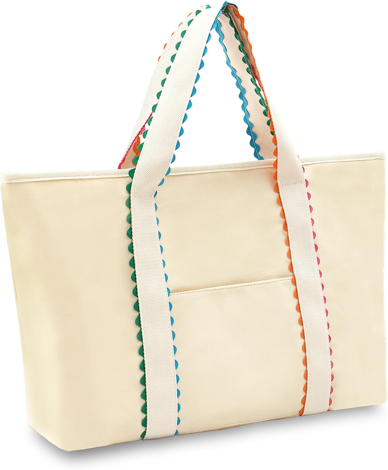 Canvas Tote Bag for Women, Rainbow Rick Rack Trim Handbag, Large Shoulder Tote with Pocket, Perfect for Everyday Use, Beach, Work and Travel