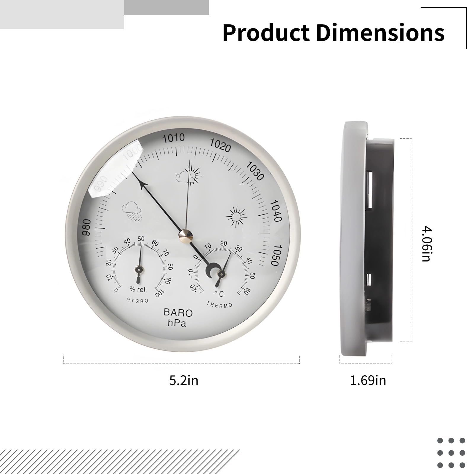 3-in-1 Hygrometer für innen und außen, präziser Feuchte- und Temperaturmesser für Haus und Garten, analoges Barometer mit Glasabdeckung, aus Aluminium und Kunststoff, 5,2 Zoll Durchmesser