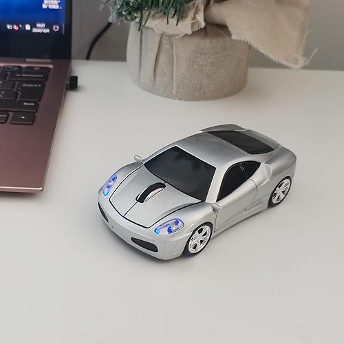 Miniatura 2 de Ratón inalámbrico para coche, ratón deportivo en forma de coche para computadora, laptop, PC, Mac con luz LED (plateado)