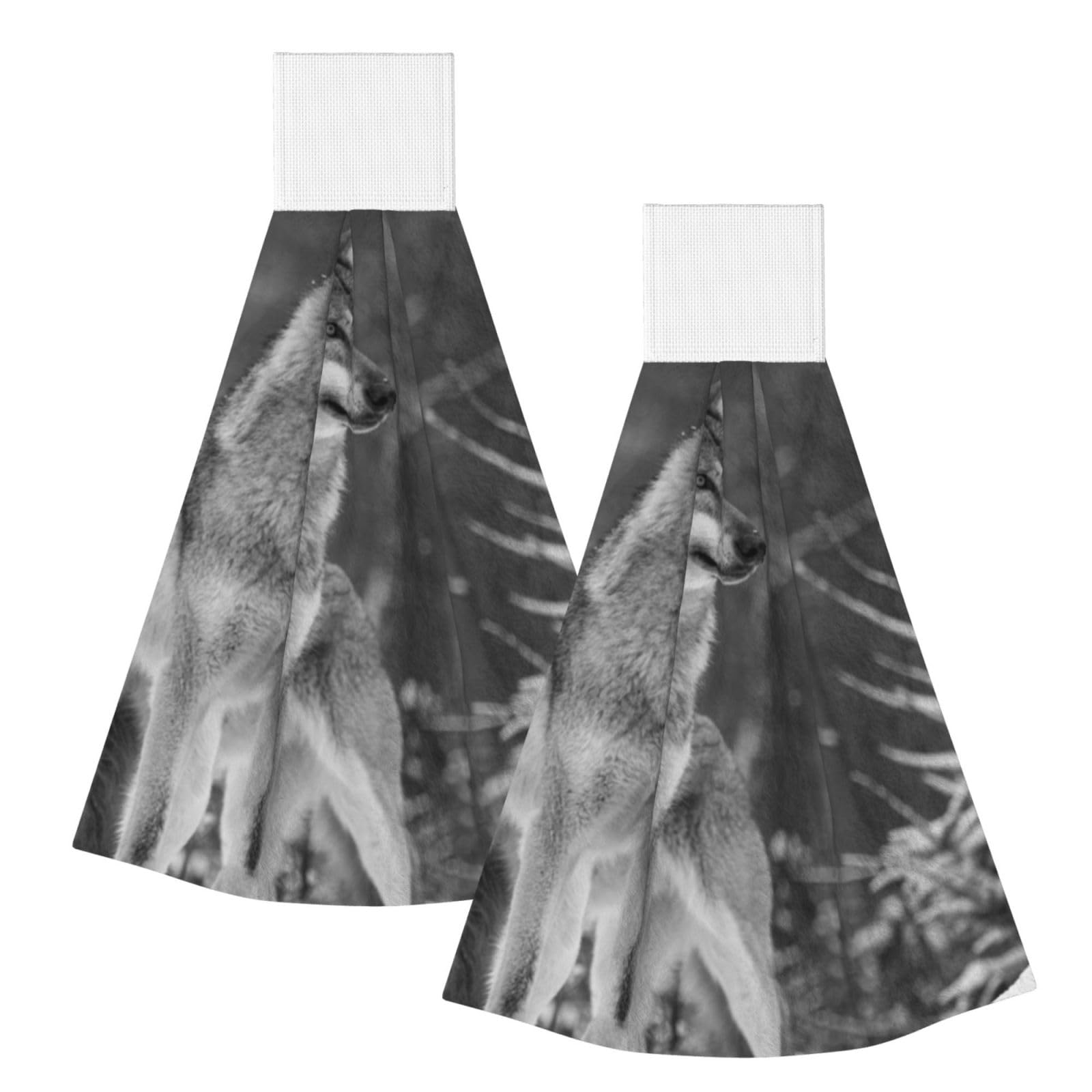 DOPKLNA Wild Wolf Printed, 2 Pcs Hanging Coral Fiber Hand Towels for Bathroom, Absorbent Kitchen Towels