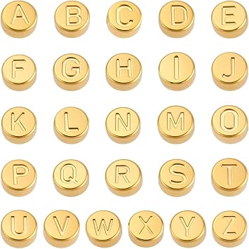 PH PandaHall 26pcs Alphabet Letter Beads, 7mm Flat Round Stainless Steel A-Z Bead Craft Metal Stopper Spacers for DIY Earrings Bracelet Necklace Jewelry Making, Golden
