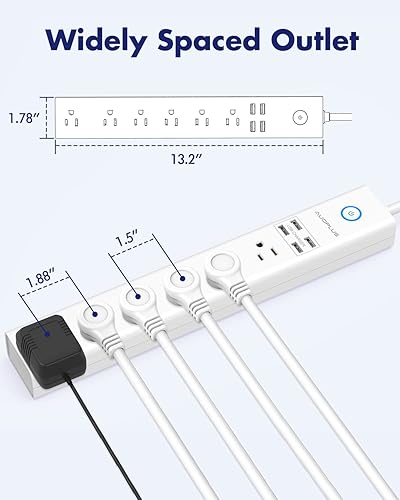 Miniatura 7 de 2 Pack Power Strip Surge Protector Flat Plug - 6 Widely Spaced Outlets 4 USB Charging Ports, 2100J/10A with 6Ft Long Extension Cord, Overload Surge