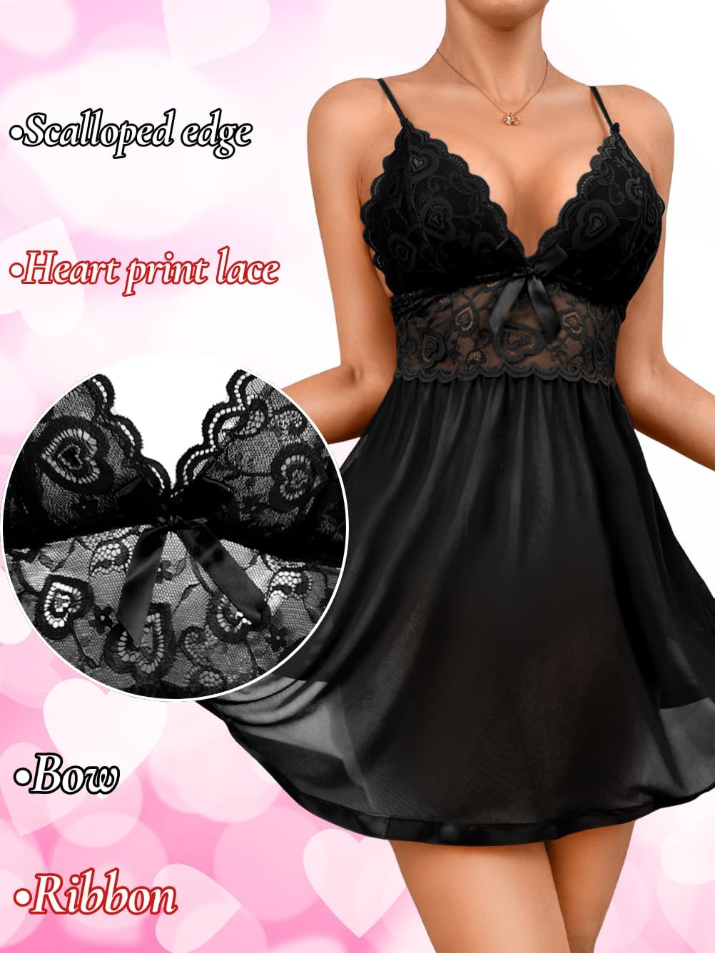 Heart Lace Babydoll Lingerie,Backless Sexy Night Gowns For Women,Sheer Nightgown Valentines Wedding Night - Image 2