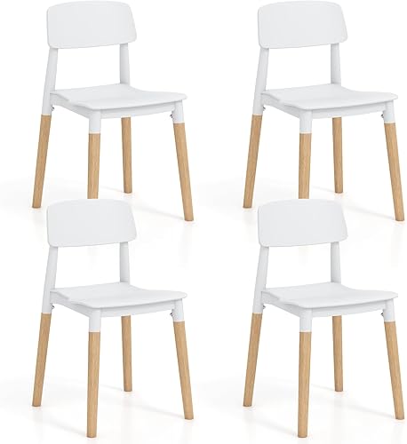 Giantex Juego de 4 sillas de comedor modernas, juego de sillas laterales de plástico con patas de madera resistentes, asiento ancho y respaldo