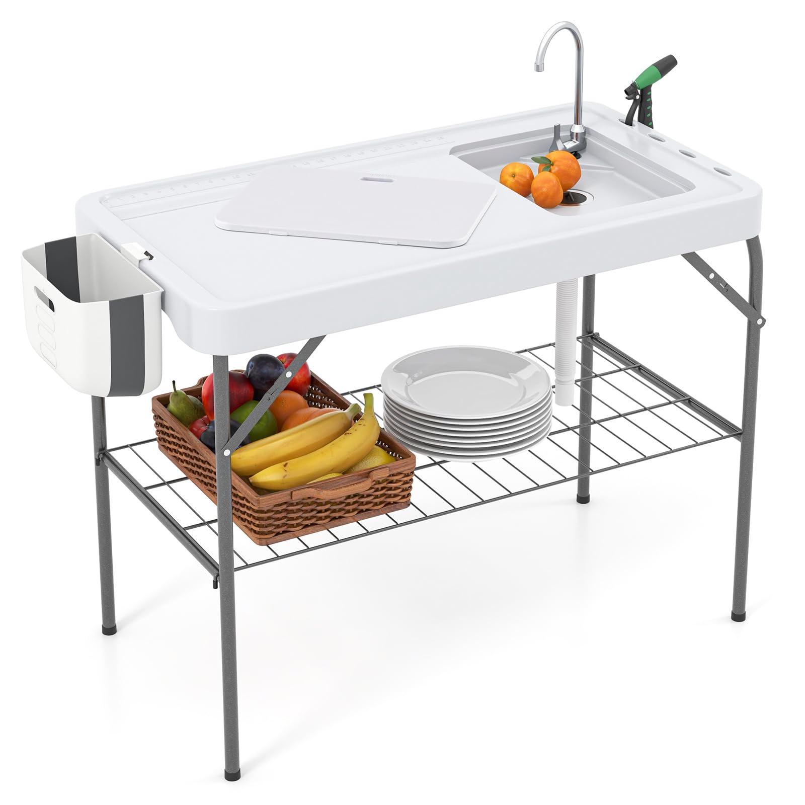 GYMAX 2 En 1 Table De Pêche Pliante Avec Évier, Robinet Rotatif 360°, Table De Camping Pliante