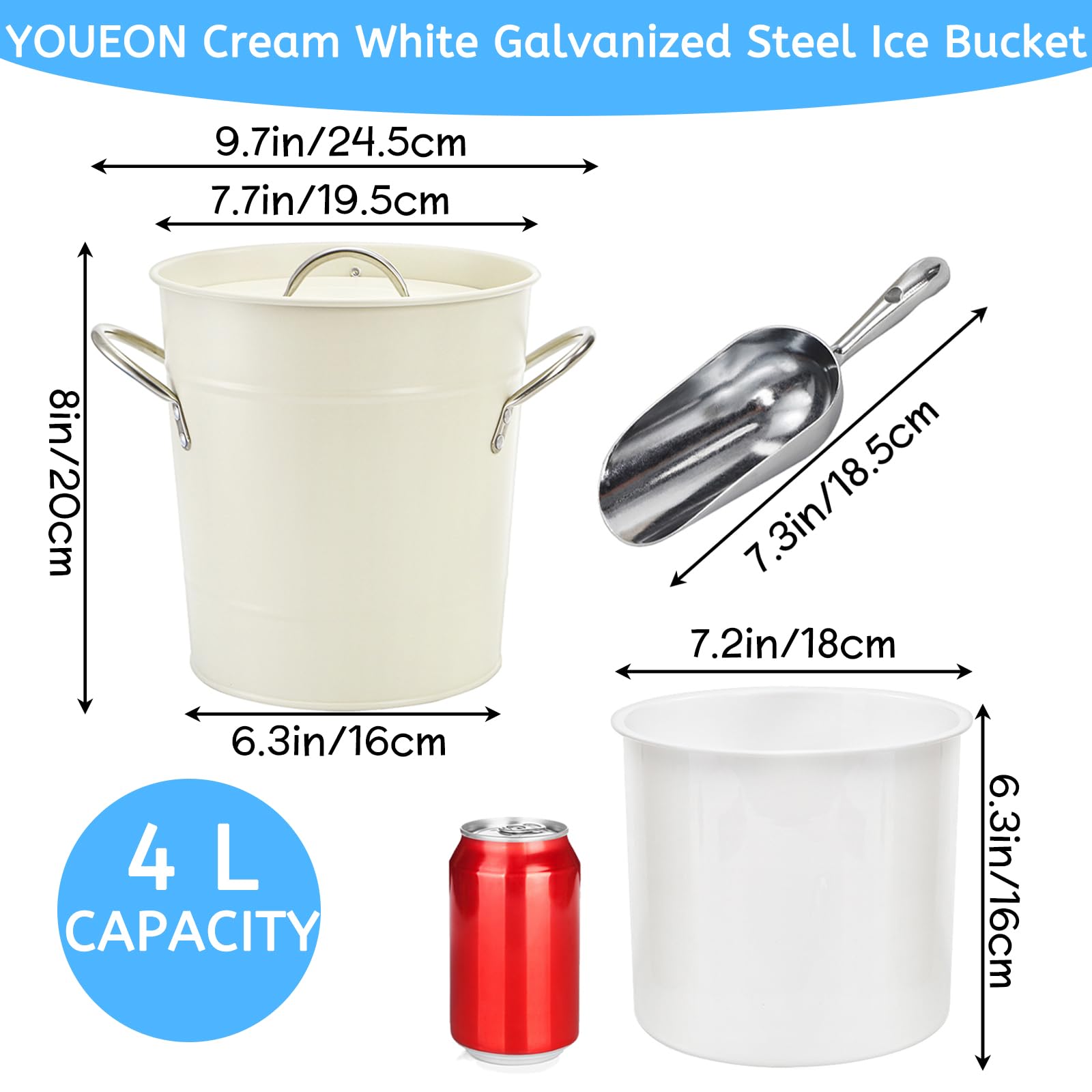 YOUEON Cubo de hielo de 4 litros con cuchara y tapa, cubo de metal galvanizado con asas de transporte, enfriador de cubo de vino de doble pared, tina de bebidas para fiestas, camping, barbacoa, uso en