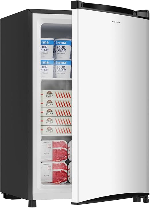BANGSON 3.0 Cu.ft Compact Upright Freezer, Energy-Saving Mini Freezer with Adjustable Thermostat, Removable Shelves, Reversible Door, Ideal for Garage/Dorm/Office/Apartment, Silver