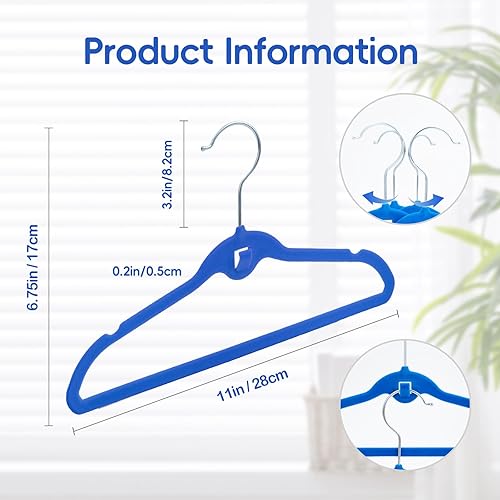 Miniatura 6 de Paquete de 30 perchas de terciopelo para niños, antideslizantes que ahorran espacio con mini ganchos en cascada, multicolor (azul marino, azul claro