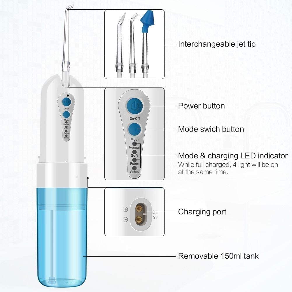 Water Flosser Profesjonalny bezprzewodowy irygator dentystyczny do jamy ustnej, przenośny zbiornik na wodę i wodoodporny akumulator IPX7, 4 tryby