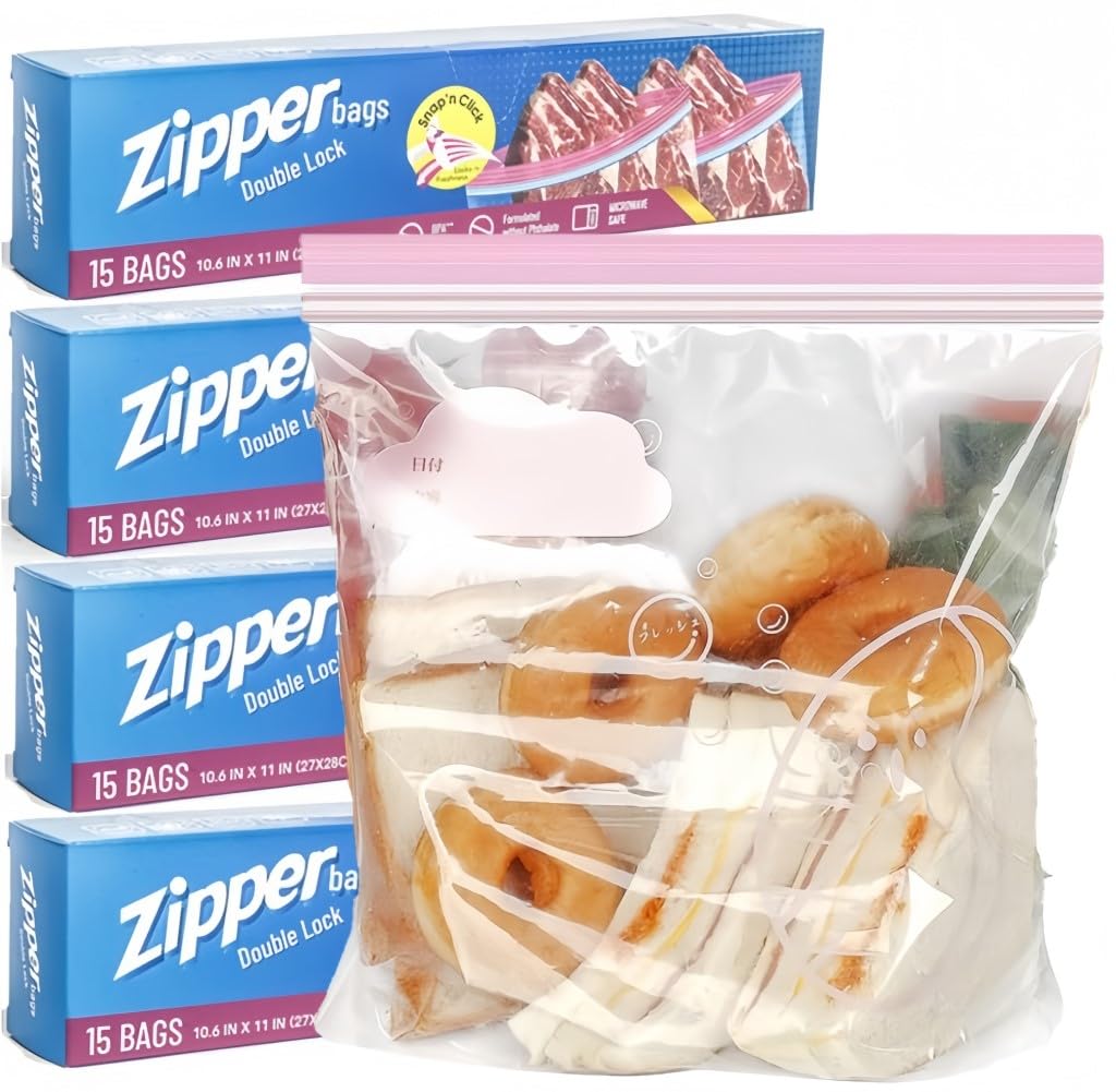 KAHEIGN 60Pcs Food Storage Freezer Bags, Large Double Seal Zip Lock Bags Reusable Sandwich Bags Heavy Duty Widen Bottom Food Bags for Fruits Veggies Meat Soups Snacks (Pink, 27CM x 27CM)