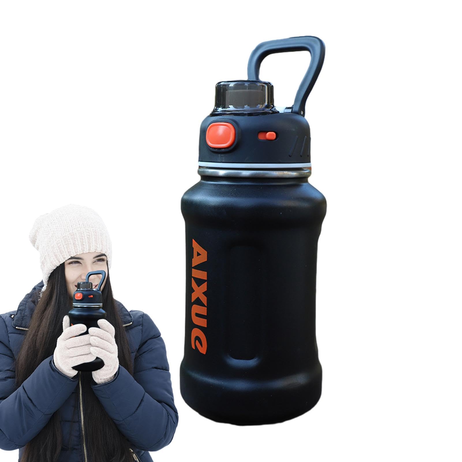 Wide Mouth Insulated Water Bottle, 20 Oz Insulated Reusable Travel Mug, Stainless Steel Travel Coffee Mug Cup with Straw Lid & Carry Handle for Hot & Cold Liquid, Hiking & Biking