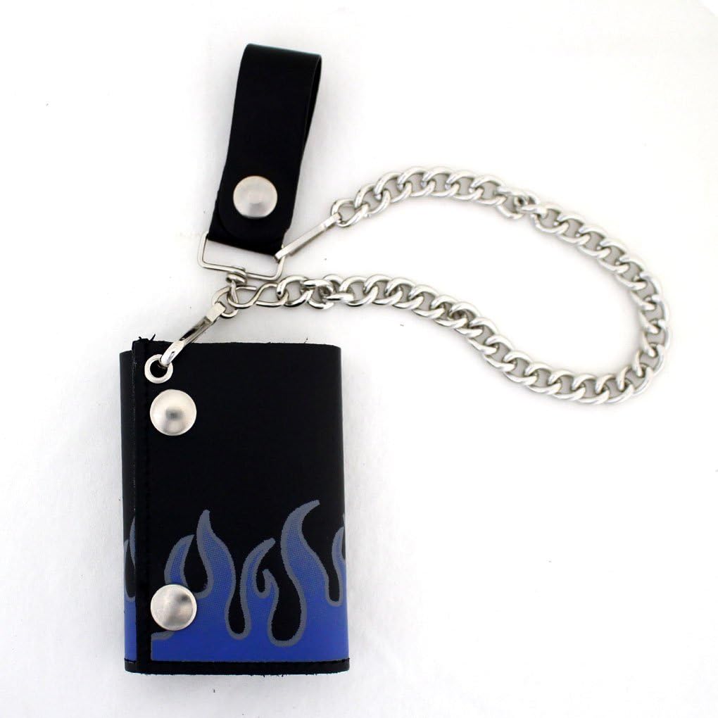 Men's Black Leather Wallet with Vertical Blue Flames and Chain at Amazon Men’s Clothing store