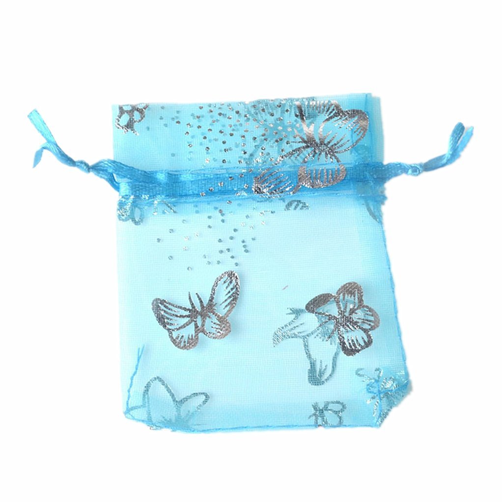 Zhiheng 100pcs Organza Wedding Party Gift Bags Butterfly Drawstring Pouches Jewelry Gift Bags Christmas Party Gift Favor Bags (5"x7", lightblue)