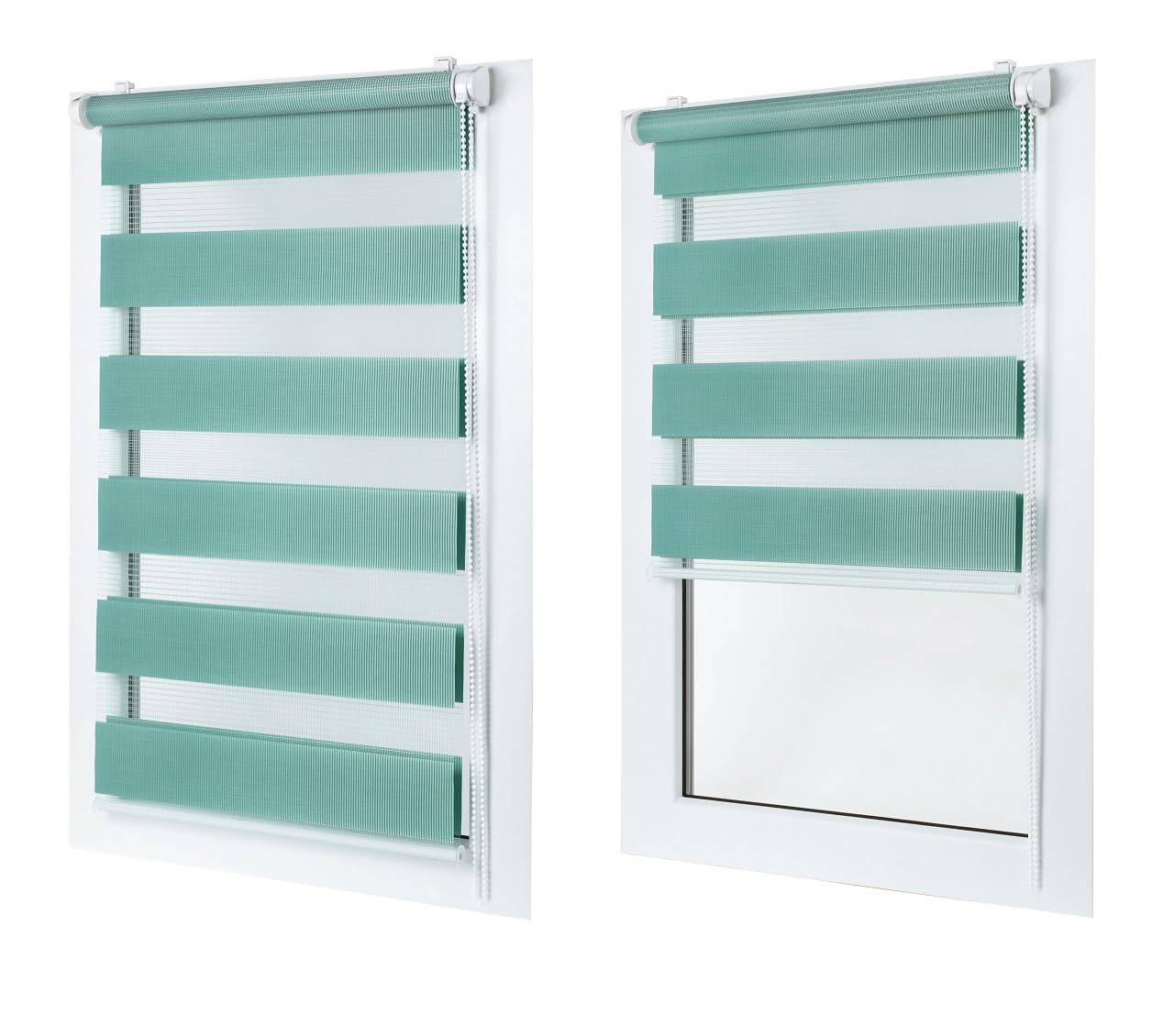 Doppelrollo ohne Bohren – Sichtschutz und Sonnenschutz, Klemmfix – Hell-Meergrün, 110 cm breit (Stoffbreite) x 120 cm hoch (Fensterhöhe) – Duo Rollo für Fenster/Tür, lichtdurchlässig/verdunkelnd