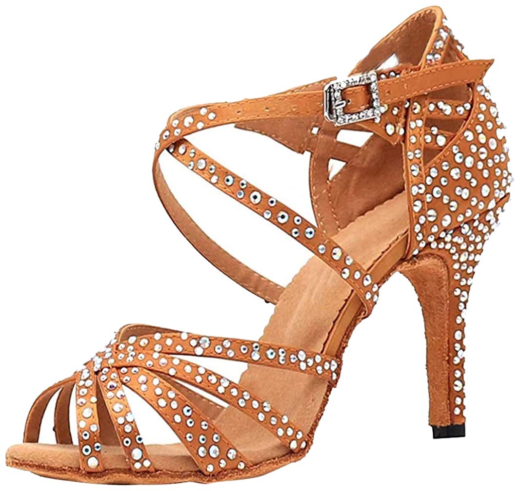 Sandalias de baile moderno latino con correa cruzada para mujer, con diamantes de imitación de tango social, bailes, Tacón marrón de 9 cm. — view 9