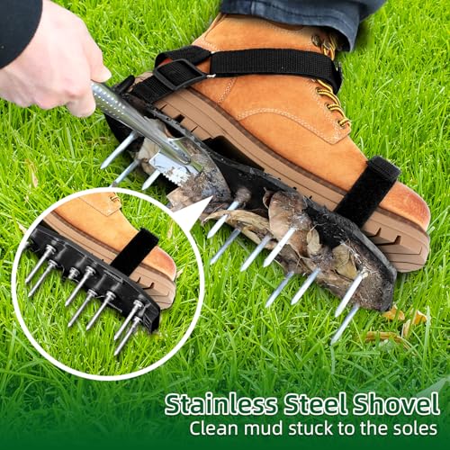 Ohuhu Nagelschuhe Rasenlüfter Schuhe vormontiert mit Klettverschluss, Rasenbelüfter Vertikutierer mit Schaufel Aerifizierer für Rasenbelüftung Garten Schuhe Der ideale Rasenbelüfter Schwarz