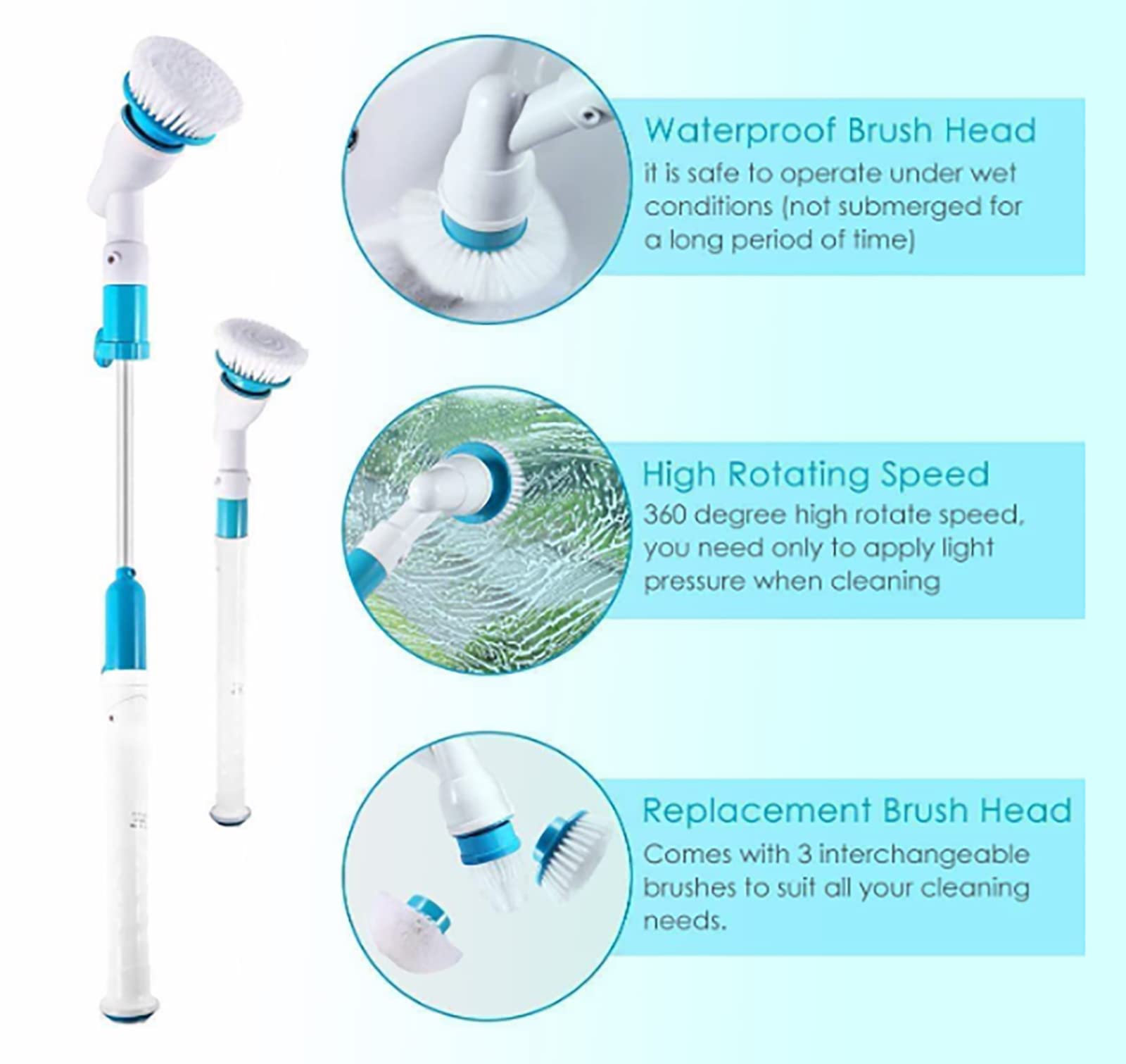 Electric Spin Scrubber - 3 Replaceable Brush Heads, 360 Cordless Powerful Scrub Brush with Adjustable Extension Handle for Efficient Bathroom Cleaning, Floor, Tub, Tile - Ideal for Deep Cleaning