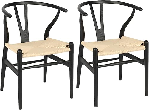 Miniatura 14 de Wishbone Silla de comedor de madera maciza natural, silla Hans Vegner Y, silla de ratán y madera con reposabrazos (madera de fresno - negro, 2