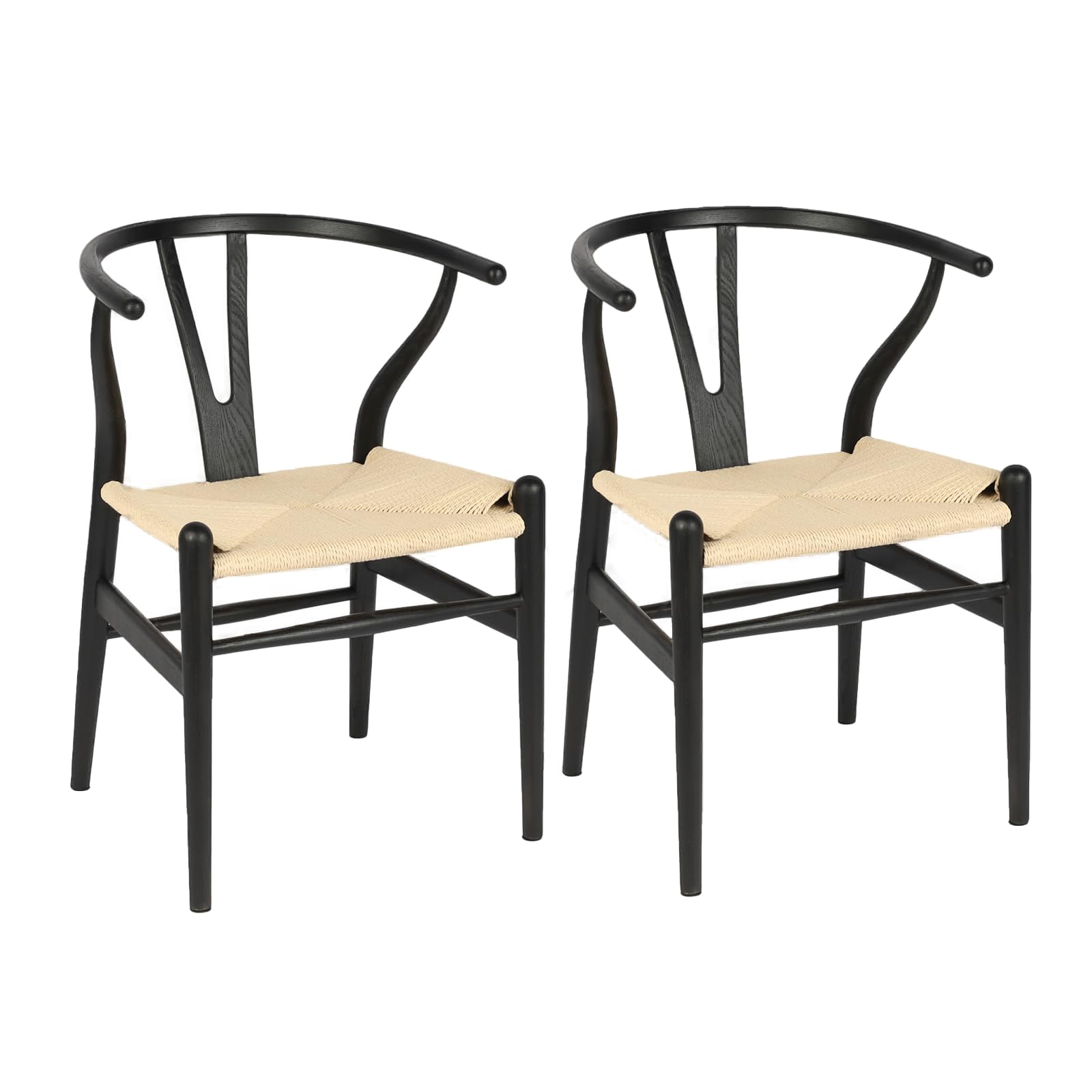 VODUR Wishbone Chair Natural Solid Wood Dining Chair/Hans Vegner Y Chair Rattan and Wood Accent Armrest Chairs Set of 2 (Ash Wood - Black + Natural