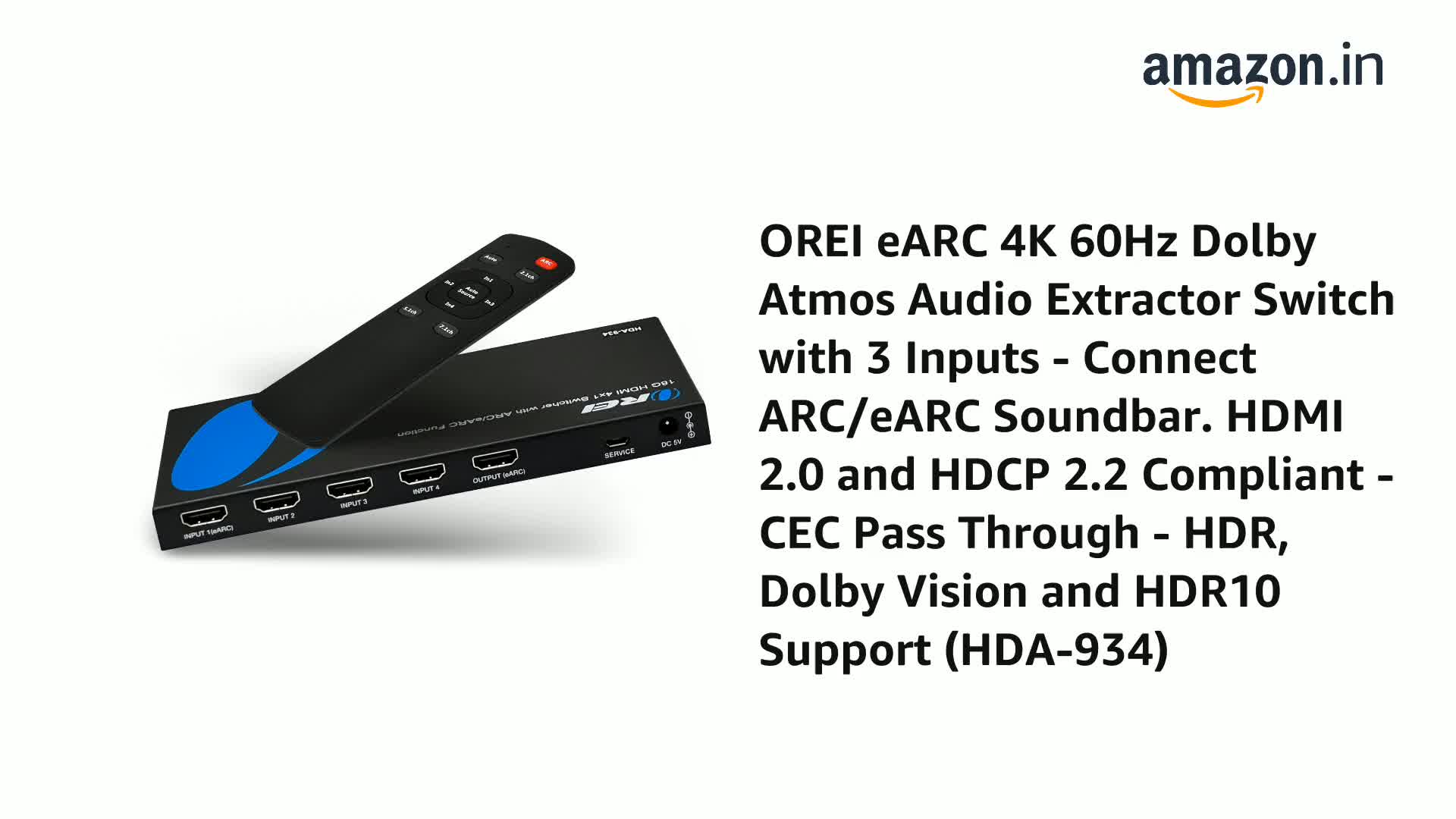 OREI eARC 4K 60Hz Dolby Atmos Audio Extractor Switch with 3 Inputs