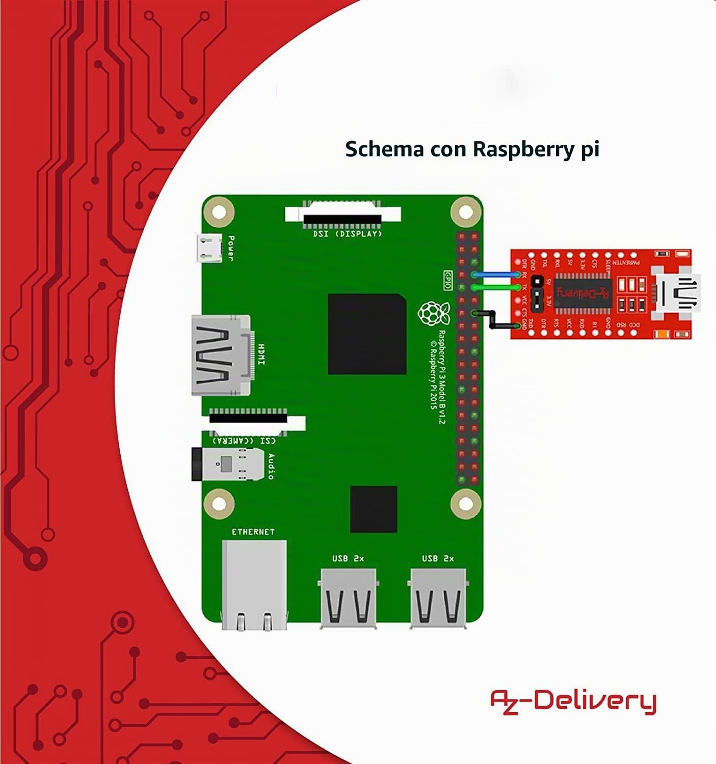 AZDelivery Adattatore Seriale compatibile con FT232RL da USB a TTL per 3,3V e 5V compatibile con Arduino incluso un E-Book!