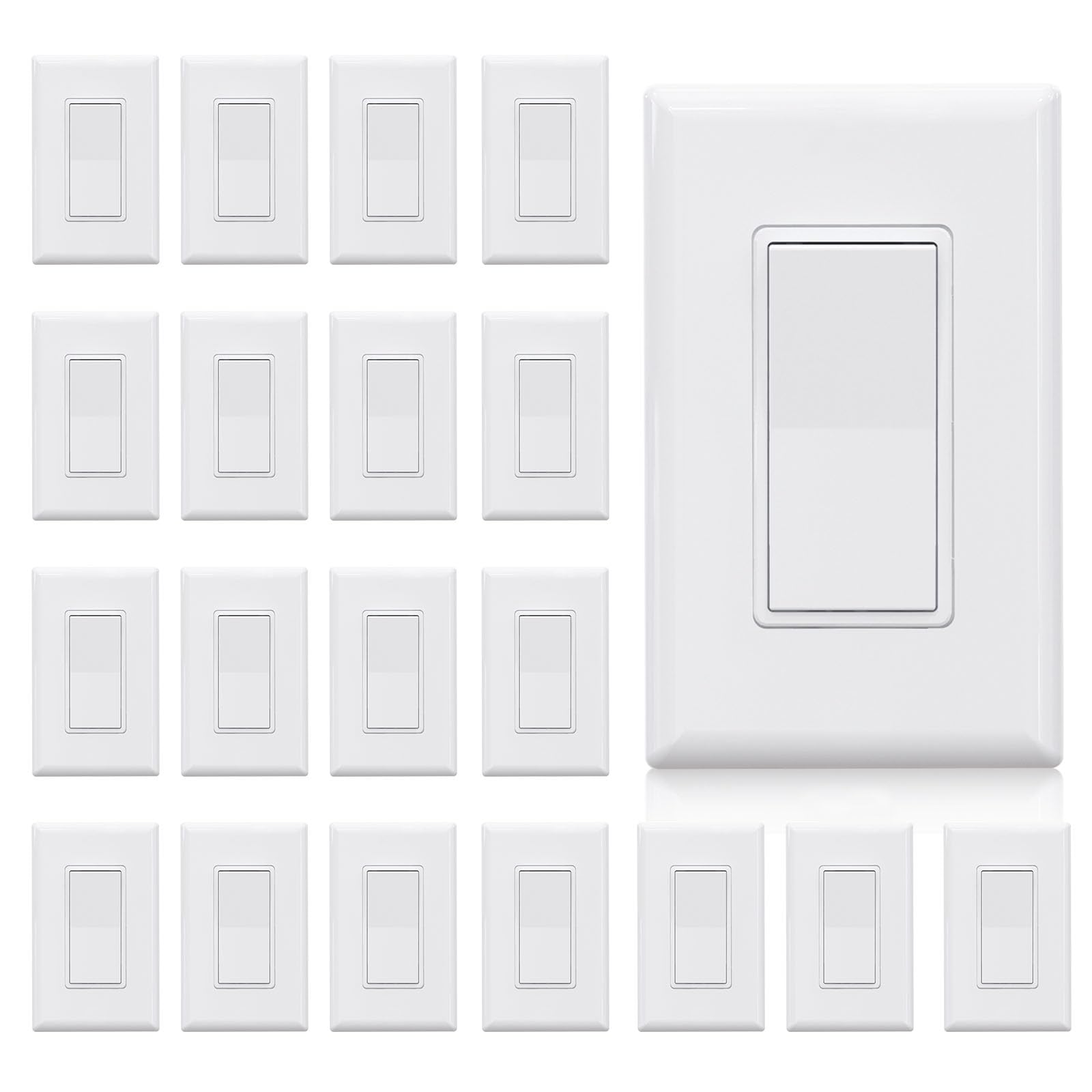 ELEGRP Single Pole Decors Light Switch with Screwless Plate, 15A 120-277V, Paddle Rocker Switch Replacement, On/Off Wall Switch, Self-Grounding,