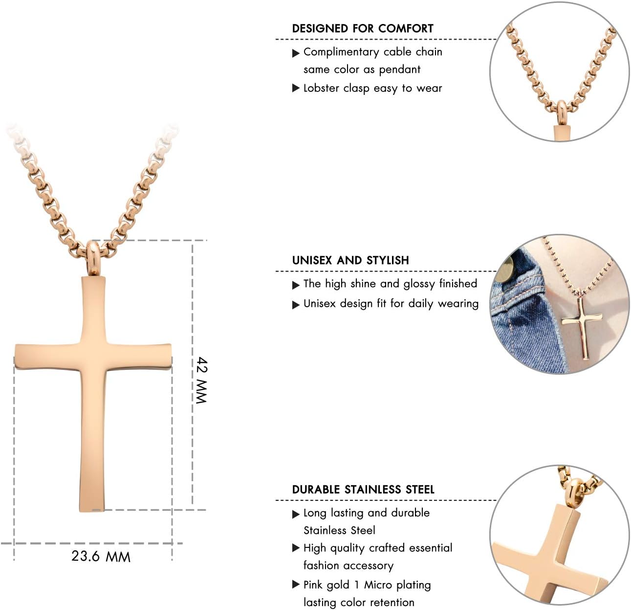 555Jewelry Stainless Steel Cross Adjustable Rolo Chain Pendant Necklace 16-28'' Inches