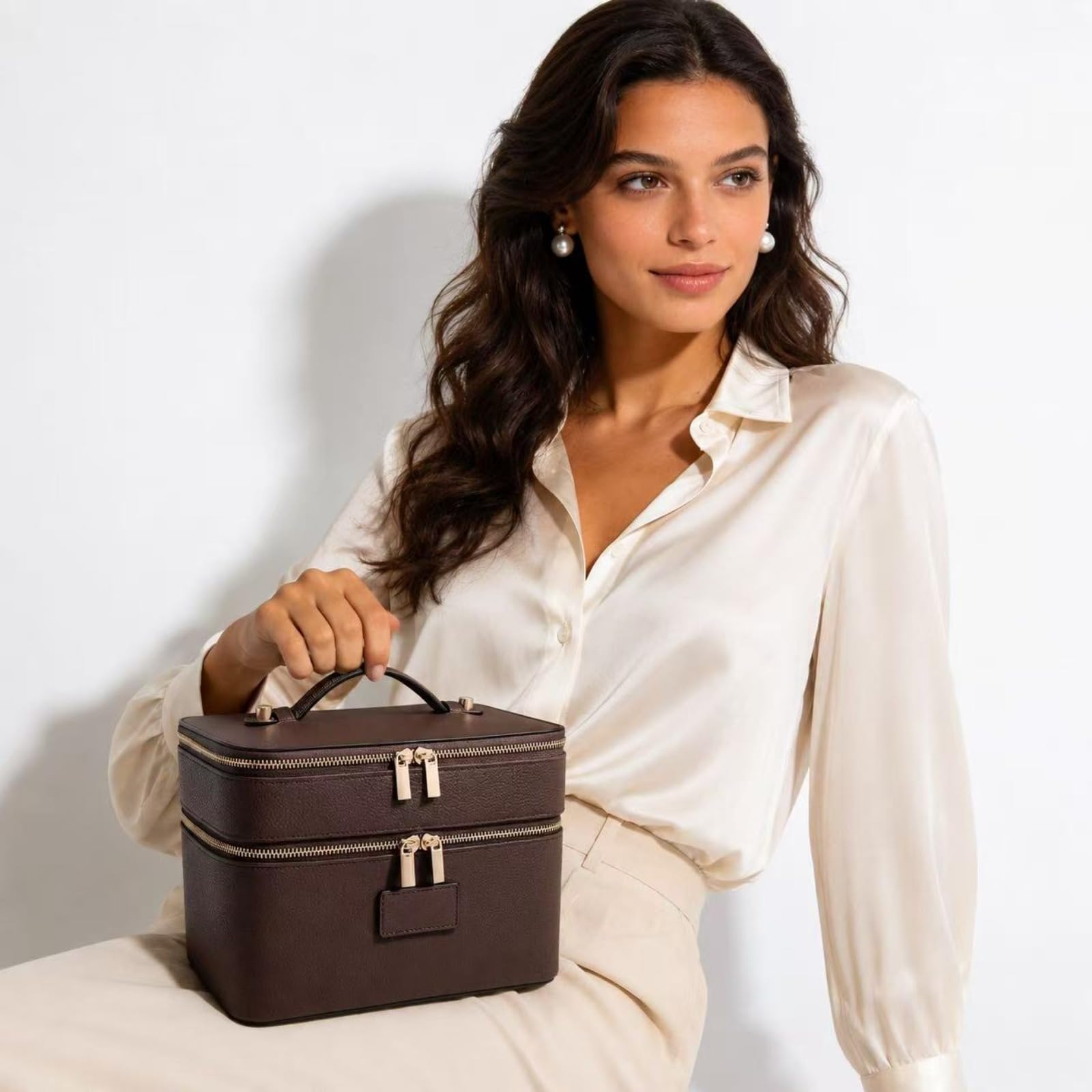 Vanity Maquillage en Cuir Double Couche Femme, Trousse de Toilette Voyage avec Compartiments Amovibles, Vanity Maquillage Femme, Trousse de Toilette Imperméable Portable