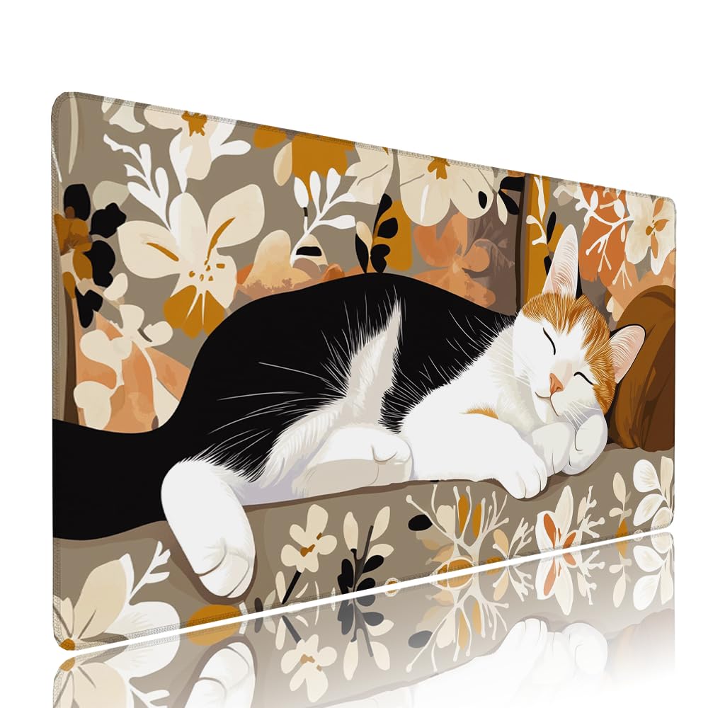 Alfombrilla de Mouse para Juegos, Giallo, XXL, Antideslizante, Impermeable, Diseño de Gatto, Extendido, Grande, 1200x600x3mm, para PC, Laptop, Ufficio, Famiglia d-608