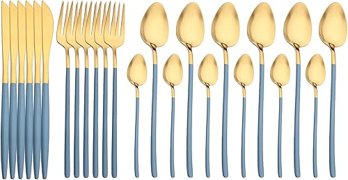JASHII Juego de cubiertos de mango delgado, juego de vajilla de acero inoxidable 304, juego de cubiertos de 24 piezas para 6 personas, incluye