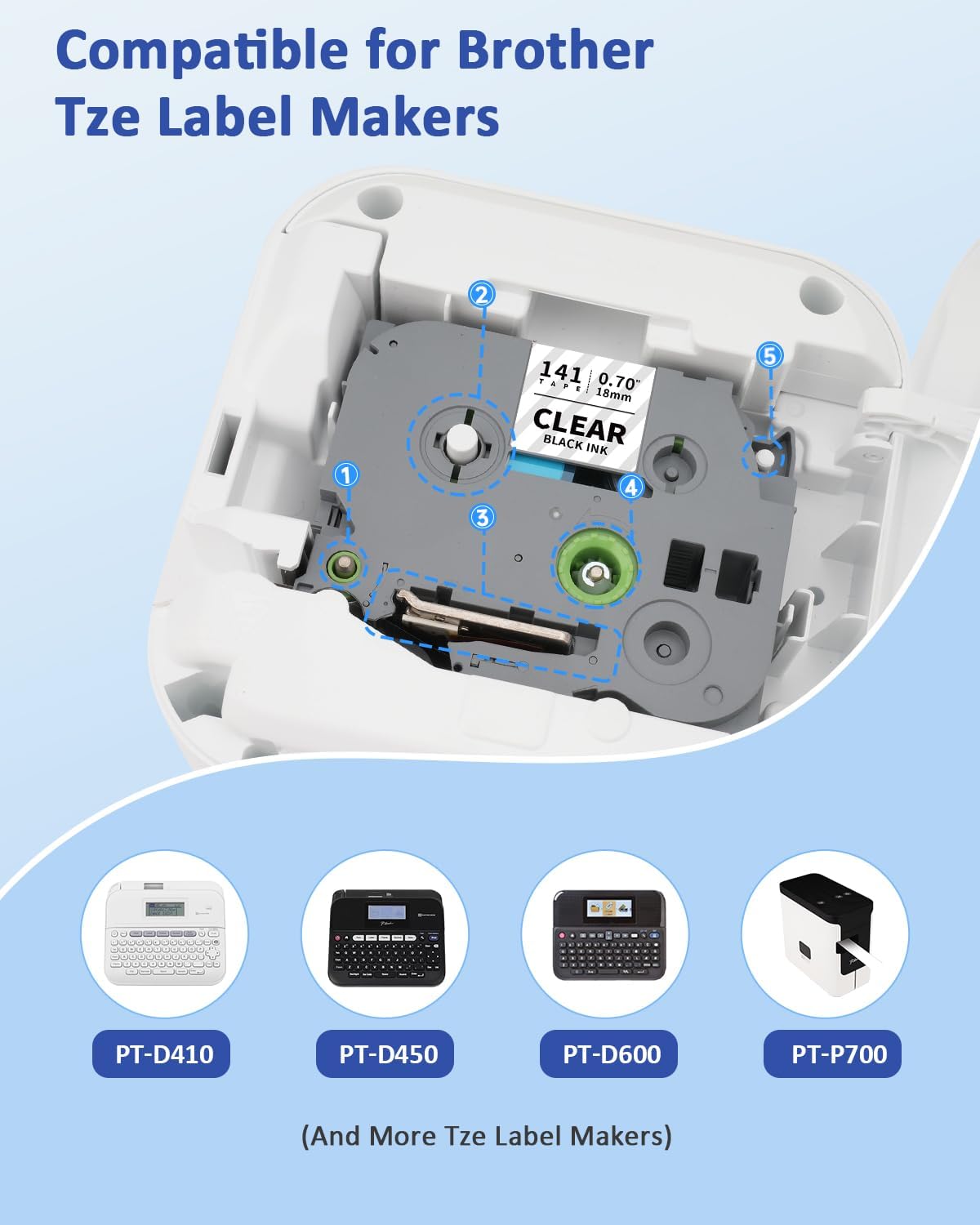 TZe-141 18mm 0.7 Laminated Clear Tape Compatible for Brother TZe141 Tz-141 P Touch 3/4" TZe TZ Tape for Brother Ptouch PT-D610BT PT-D400 PT-D600 PT-D410 PT-D460BT Label Maker, Black on Clear, 4-Pack