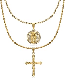 Virgin Mary Miraculous Medal Cross Pendant Stainless Steel Layered Necklace For Women Men, 2pcs 24'' 18'' 3mm Chain Guadalupe Charm Christian Jewelry