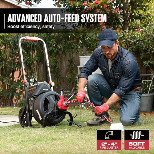Image of POPULO Auto Feed 50FT Electric Drain Snake with Mobile 8-Inch Wheel and 580W Power,1 /2-Inch Drain Snake for 2 inch-4 inch Sewer Pipes, 50FT Drain Auger Includes 8 Attachments Heads and Glove
