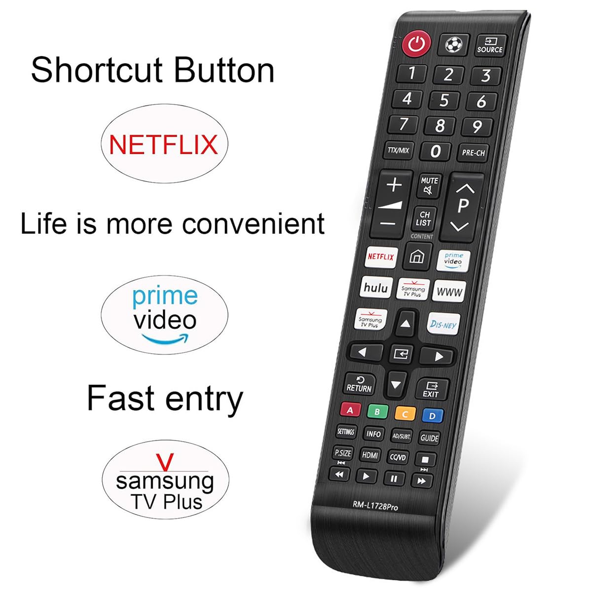 Telecomando Universale per TV Samsung,RM-L1728 Pro Telecomando Compatibile con Samsung Smart TV LCD LED UHD QLED 3D 4K HDTV HDR avere Netflix Prime video Rakuten-TV Tasto di Scelta Rapida